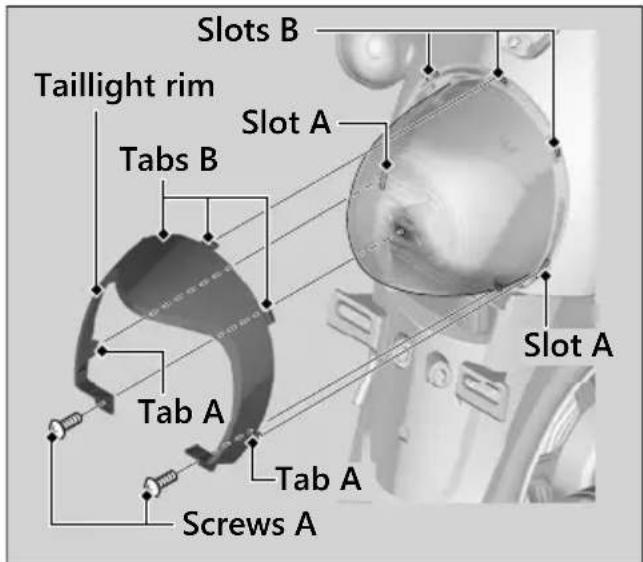 Slots B Taillight rim Tabs B Slot A Tab A Tab A Screws A Slot A