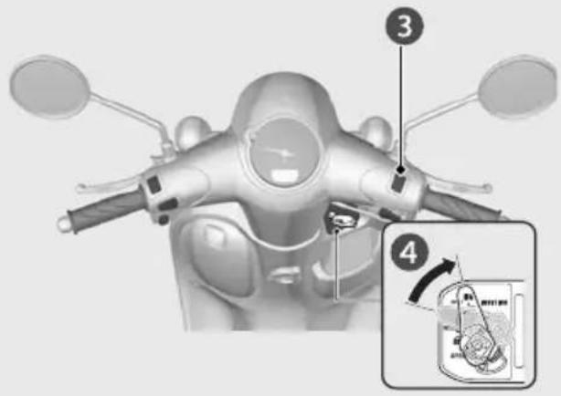 Diagram of a scooter front view with numbered parts and an inset showing the steering wheel mechanism.