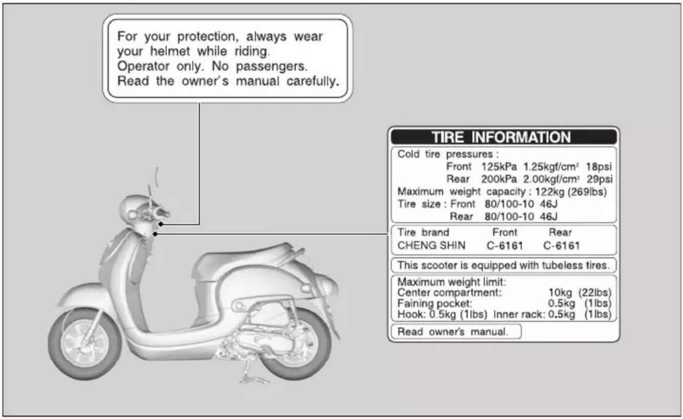 For your protection, always wear your helmet while riding. Operator only. No passengers. Read the owner's manual carefully. TIRE INFORMATION Cold tire pressures : Front 125kPa 1.25kgf/cm² 18psi Rear 200kPa 2.00kgf/cm² 29psi Maximum weight capacity : 122kg (269lbs) Tire size : Front 80/100-10 46J Rear 80/100-10 46J Tire brand Front Rear CHENG SHIN C-6161 C-6161 This scooter is equipped with tubeless tires. Maximum weight limit: Center compartment: 10kg (22lbs) Faining pocket: 0.5kg (1lbs) Hook: 0.5kg (1lbs) Inner rack: 0.5kg (1lbs) Read owner's manual.