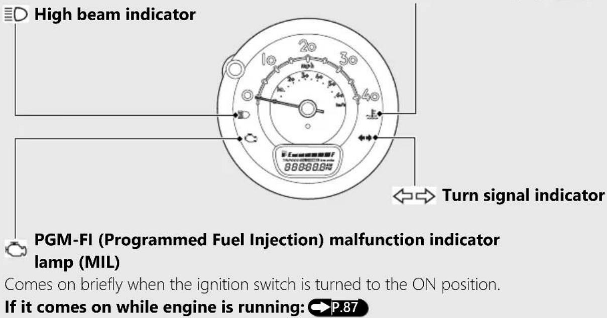 High beam indicator Turn signal indicator PGM-FI (Programmed Fuel Injection) malfunction indicator lamp (MIL) Comes on briefly when the ignition switch is turned to the ON position. If it comes on while engine is running: P.87