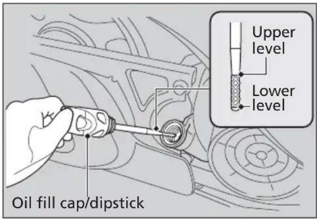 Oil fill cap/dipstick Upper level Lower level