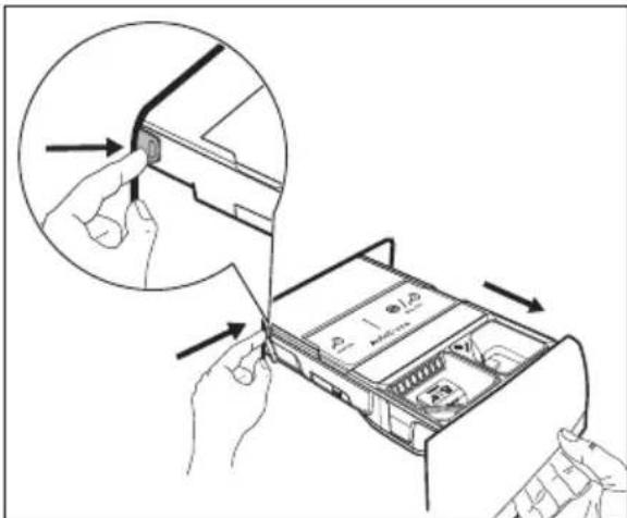 Diagram illustrating a device being inserted into a rack, with magnified detail showing the process and component details.