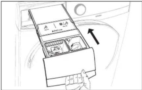 Diagram showing a hand inserting a device into a container with labeled parts and an upward arrow indicating direction.