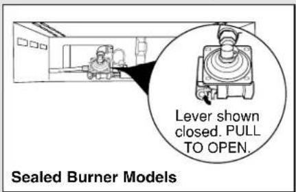 Lever shown closed. PULL TO OPEN. Sealed Burner Models