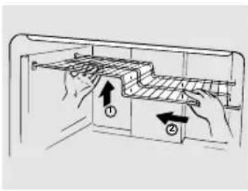 Diagram showing two hands holding a grid device with directional arrows indicating movement or force, labeled ① and ②.