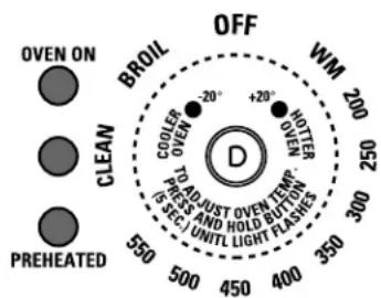 OVEN ON BROIL COOLER OVER +20° +20° HOTTER OVER 250 200 CLOSER OVER TO ADJUST OVEN TEM: (PRESS AND HOLD BUTTON) (SEC) UNTL LIGHT FLASHES PREHEATED 550 500 450 400 350 300 250