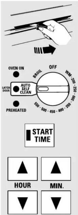 OVEN ON LATCH DOOR AUTO SELF CLEAN PREHEATED BROIL OFF 550 - 500 - 450 - 400 - 350 WM: 200 - 250 START TIME HOUR MIN.