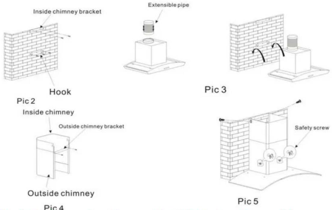 Inside chimney bracket Extensible pipe Hook Pic 2 Inside chimney Outside chimney bracket Pic 4 Outside chimney Pic 3 Safety screw Pic 5