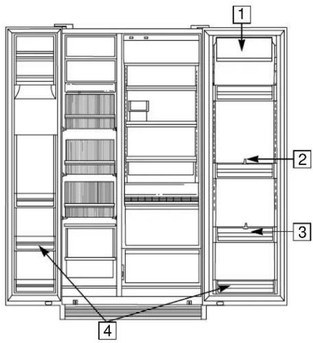 Technical diagram of a multi-level refrigerator with numbered components and directional arrows indicating assembly or storage layout.