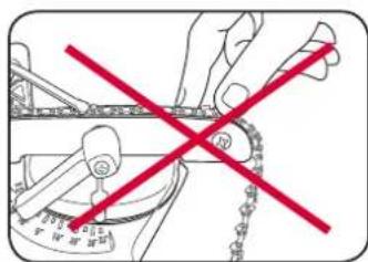 Diagram showing a hand using a tool to cut a mechanical component with a red prohibition symbol crossed out.