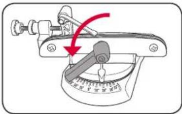 Diagram of a mechanical measuring device with red arrow indicating rotation or adjustment, showing dial and scale markings