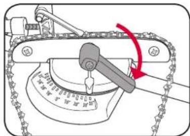 Diagram showing a mechanical device with chains and a lever mechanism, labeled with Chinese characters and a red arrow indicating rotation.