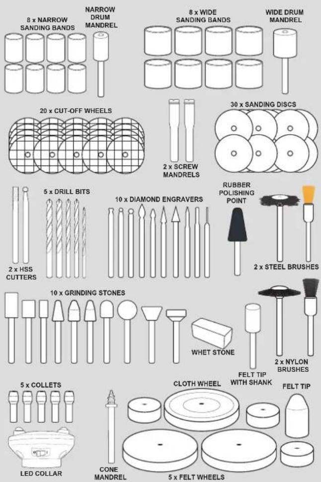 8 x NARROW SANDING BANDS NARROW DRUM MANDREL 8 x WIDE SANDING BANDS WIDE DRUM MANDREL 20 x CUT-OFF WHEELS 30 x SANDING DISCS 2 x SCREW MANDRELS 5 x DRILL BITS 10 x DIAMOND ENGRAVERS RUBBER POLISHING POINT 2 x STEEL BRUSHES 2 x HSS CUTTERS 10 x GRINDING STONES WHET STONE 2 x NYLON BRUSHES 5 x COLLETS CLOTH WHEEL FELT TIP WITH SHANK FELT TIP LED COLLAR CONE MANDREL 5 x FELT WHEELS