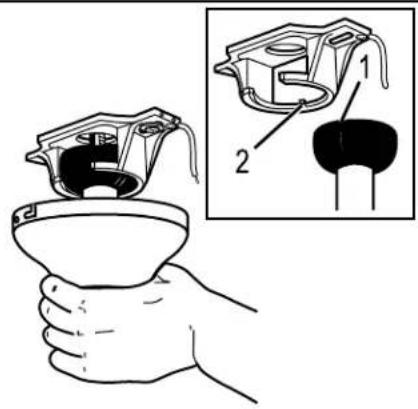 Diagram showing a hand holding a bowl with an inset close-up of a mechanical component labeled 1 and 2.