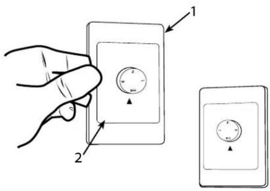 Diagram showing hand holding a switch with two labeled parts, one pointing to a dial and the other to a dial.