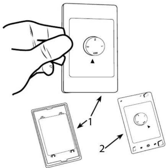 Diagram showing hand holding a device with a rotary dial and two labeled buttons, illustrating a step-by-step operation.