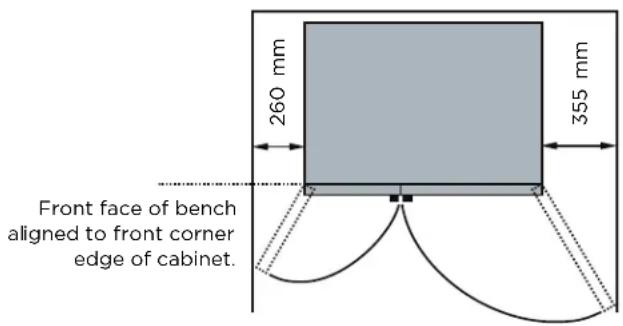 260 mm 355 mm Front face of bench aligned to front corner edge of cabinet.
