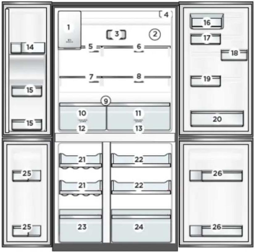 Diagram of a multi-level storage or rack system with numbered compartments and labeled parts, likely for technical or engineering purposes.