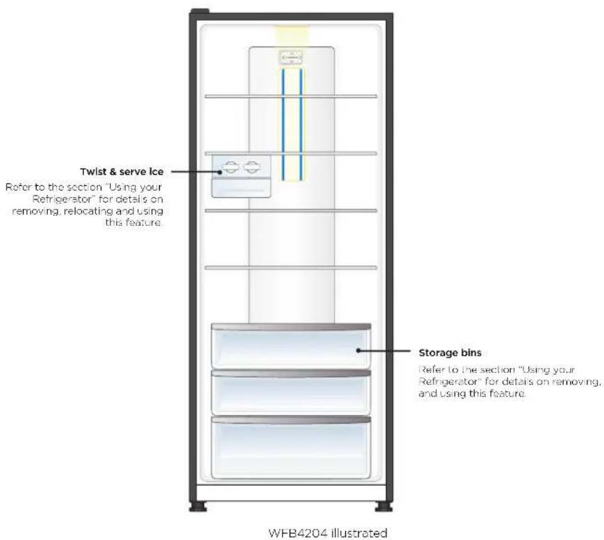 Twist & serve Ice Refer to the section "Using your Refrigerator" for details on removing, relocating and using this feature. Storage bins Refer to the section "Using your Refrigerator" for details on removing, and using this feature. WFB4204 illustrated