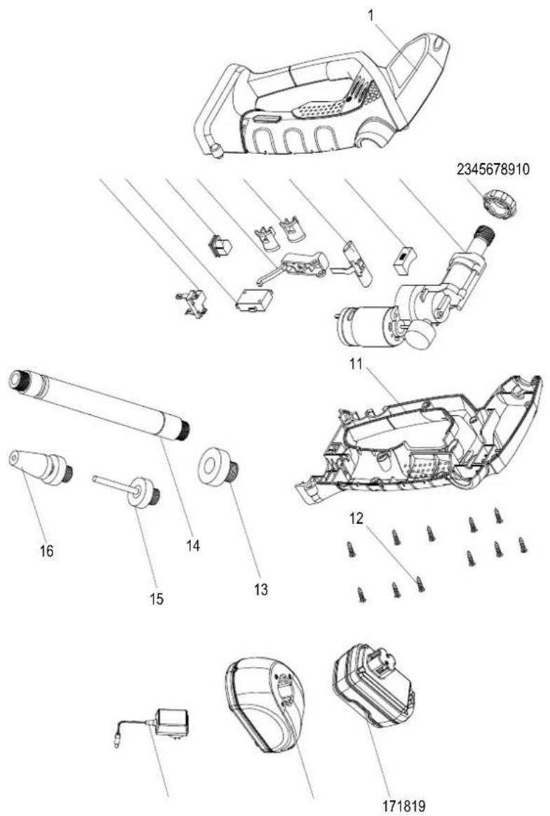 Exploded view diagram of a cleaning or spray gun assembly with numbered parts and component labels