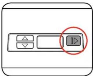 Diagram of a media control interface with play button and directional buttons, highlighting a red circle to the play button.