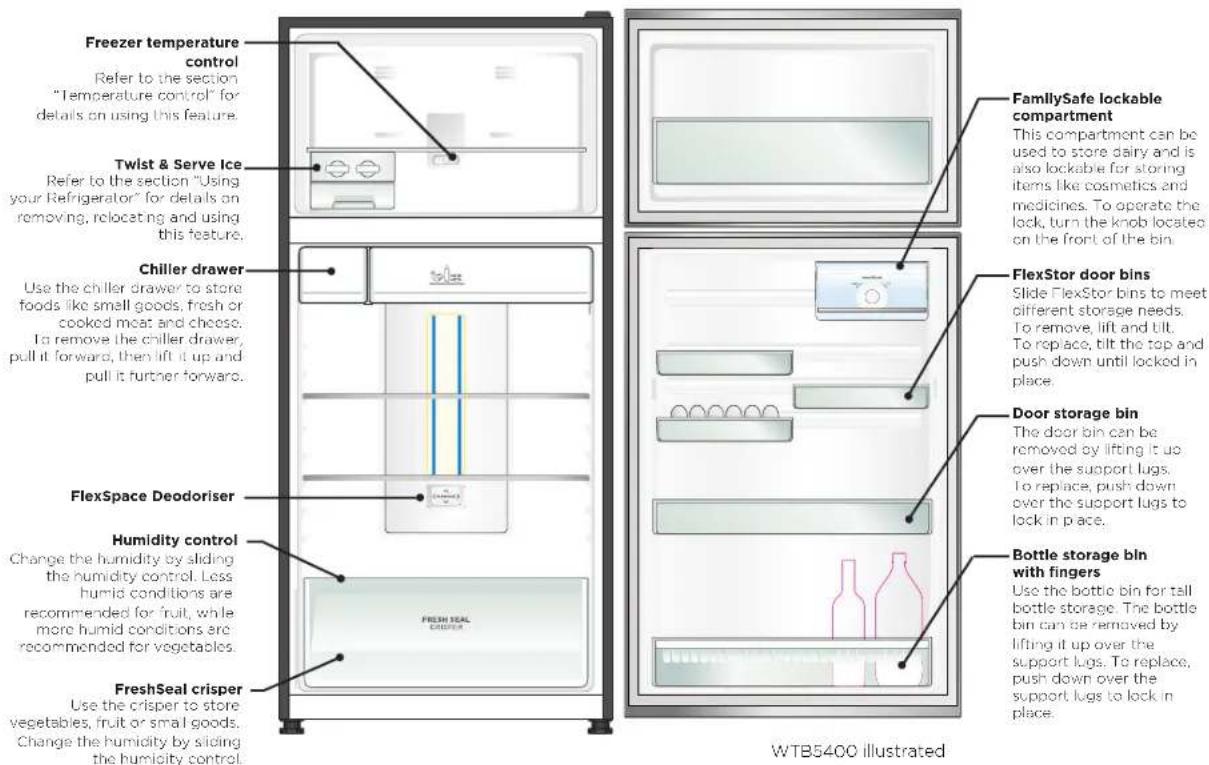 Freezer temperature control Refer to the section "Temperature control" for details on using this feature. Twist & Serve Ice Refer to the section "Using your Refrigerator" for details on removing, relocating and using this feature. Chiller drawer Use the chiller drawer to store foods like small goods, fresh or cooked meat and cheese. To remove the chiller drawer, pull it forward, then lift it up and pull it further forward. FlexSpace Deodoriser Humidity control Change the humidity by sliding the humidity control. Less humid conditions are recommended for fruit, while more humid conditions are recommended for vegetables. FreshSeal crisper Use the crisper to store vegetables, fruit or small goods. Change the humidity by sliding the humidity control. FamilySafe lockable compartment This compartment can be used to store dairy and is also lockable for storing items like cosmetics and medicines. To operate the lock, turn the knob located on the front of the bin. FlexStor door bins Slide FlexStor bins to meet different storage needs. To remove, lift and lift. To replace, tilt the top and push down until locked in place. Door storage bin The door bin can be removed by lifting it up over the support lugs. To replace, push down over the support lugs to lock in place. Bottle storage bin with fingers Use the bottle bin for tall bottle storage. The bottle bin can be removed by lifting it up over the support lugs. To replace, push down over the support lugs to lock in place. WTB5400 illustrated