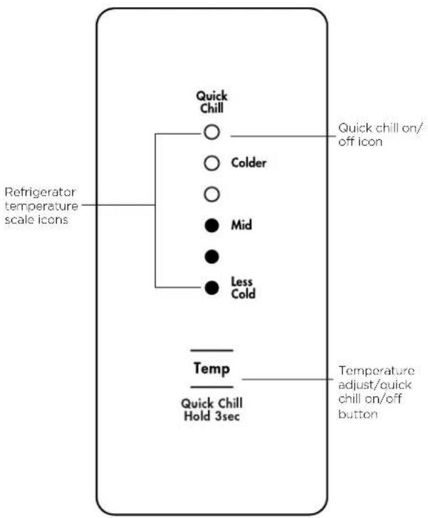 Quick Chill ○ Colder ○ Mid ● Less Cold Refrigerator temperature scale icons Temp Quick Chill Hold 3sec Quick chill on/ off icon Temperature adjust/quick chill on/off button