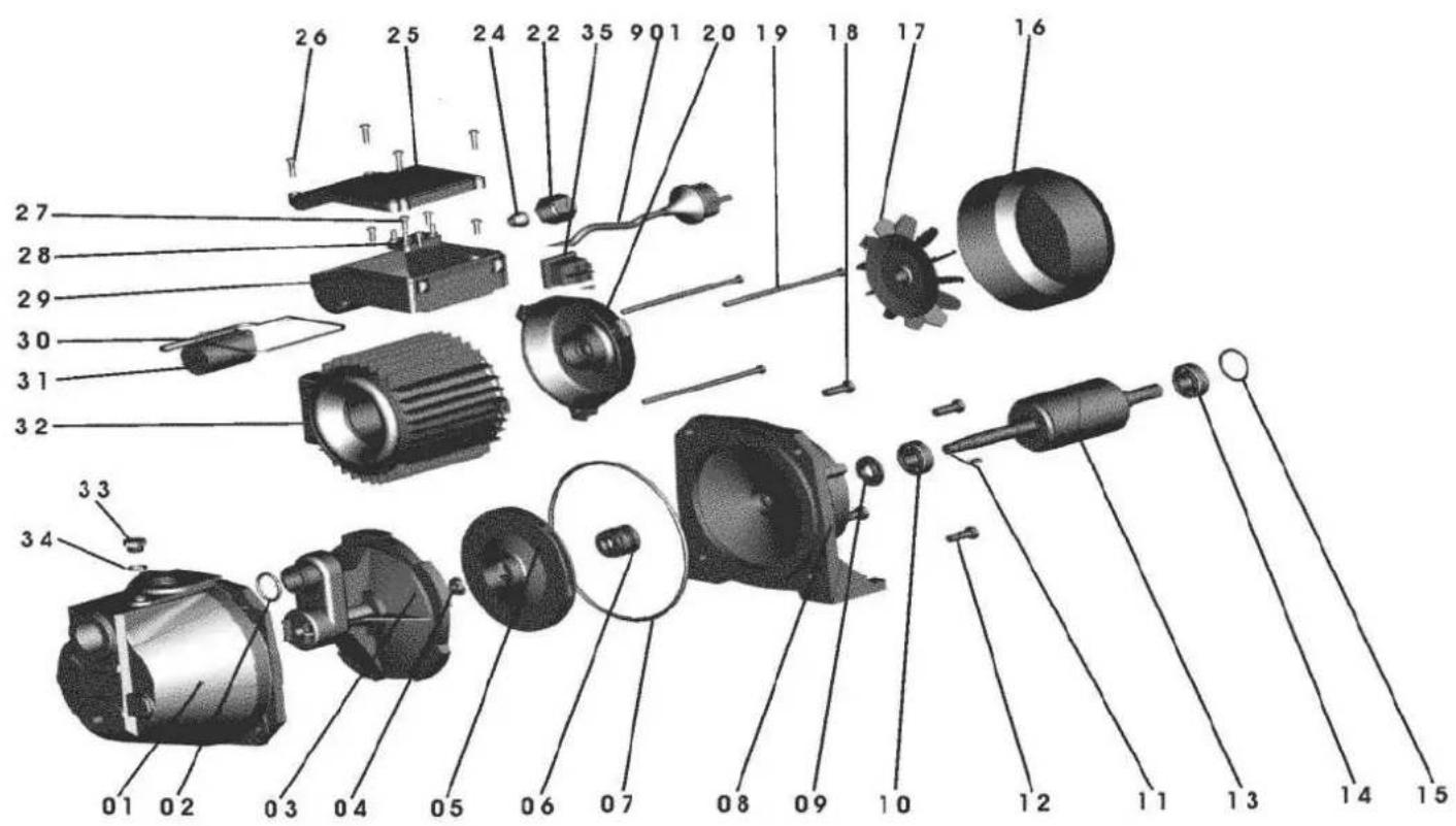 Exploded view diagram of an electric motor with numbered parts for identification