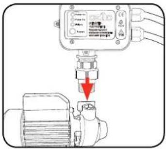 Diagram showing a device with labeled ports and a red arrow pointing to a mechanical component, likely indicating a process or assembly.