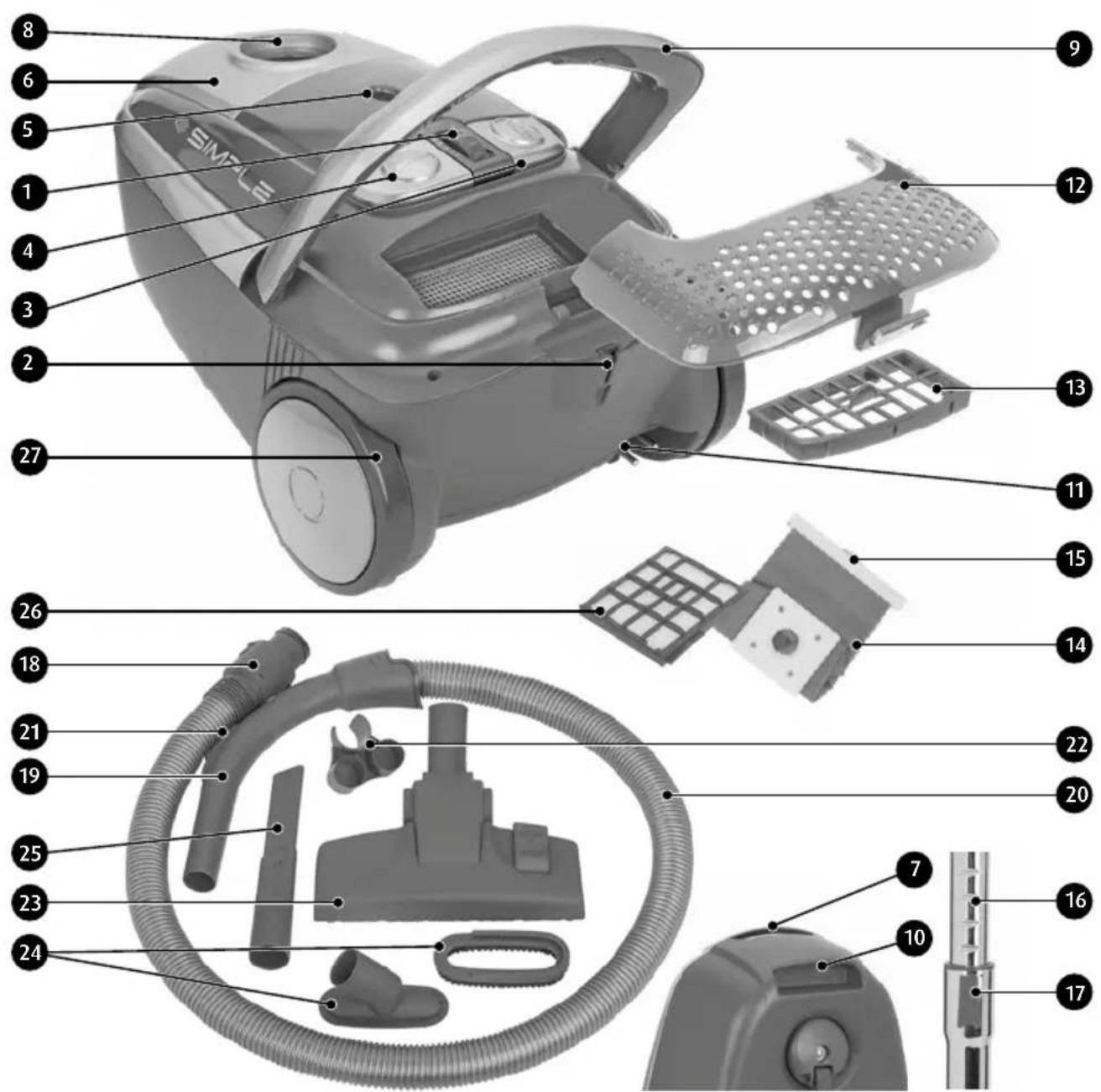 Exploded view diagram of a vacuum cleaner with numbered parts for identification
