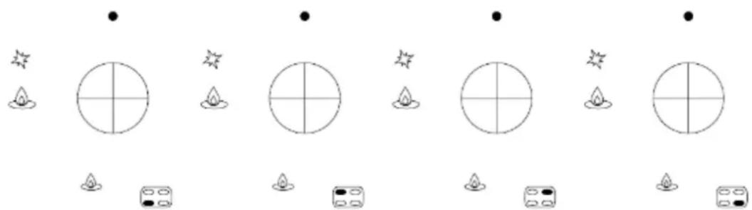 Illustration showing a series of circular and rectangular shapes with icons, possibly representing geometric figures or symbols.
