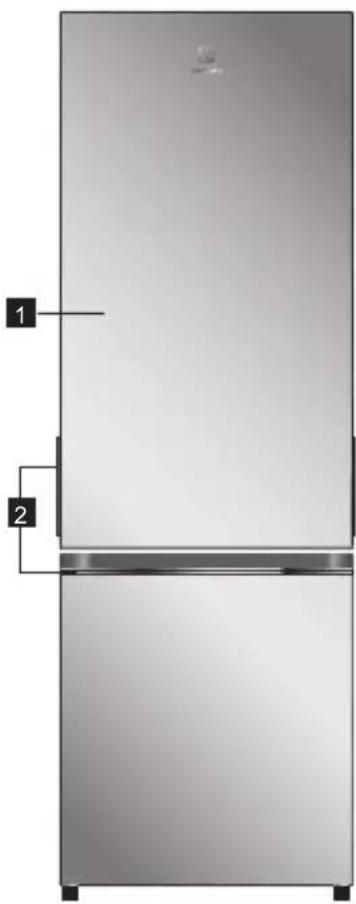 Diagram of a refrigerator with labeled parts, showing front and back views and numbered labels.