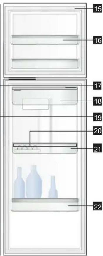 Diagram of a refrigerator interior with numbered compartments and bottles, likely for labeling or categorization.