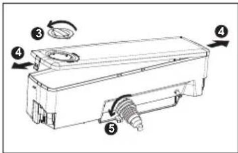 Technical diagram of a mechanical device with numbered components and directional arrows indicating motion or assembly.