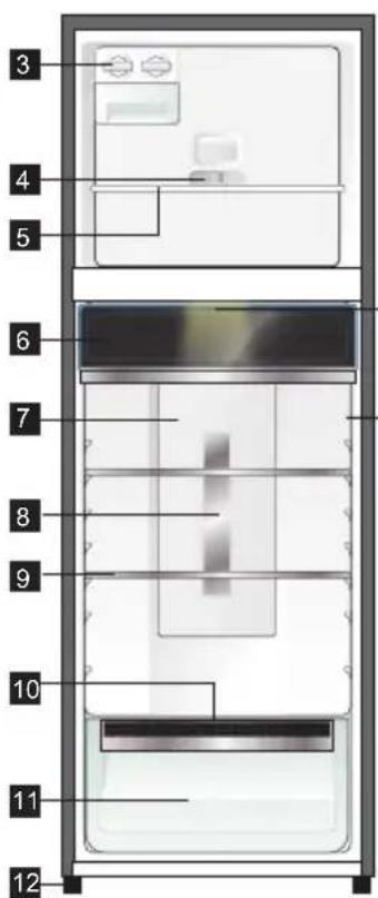 Diagram of a refrigerator interior with numbered compartments labeled 3 through 12
