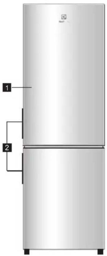 Diagram of a refrigerator with labeled parts, showing front and side views with numbered labels.