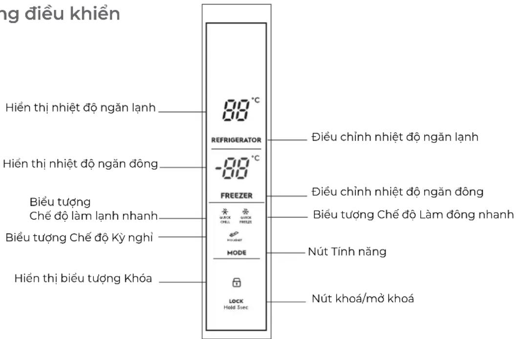 ng điều khiển Hiến thị nhiệt độ ngăn lạnh 80 °C REFRIGERATOR -80 °C FREEZER Biểu tượng Chế độ làm lạnh nhanh Biểu tượng Chế độ Kỳ nghi MODE Hiến thị biểu tượng Khóa Điều chỉnh nhiệt độ ngăn lạnh Điều chỉnh nhiệt độ ngăn đông Biểu tượng Chế độ Làm đông nhanh Nút Tính năng LOCK Hold Sdec Nút khoa/mò khoá