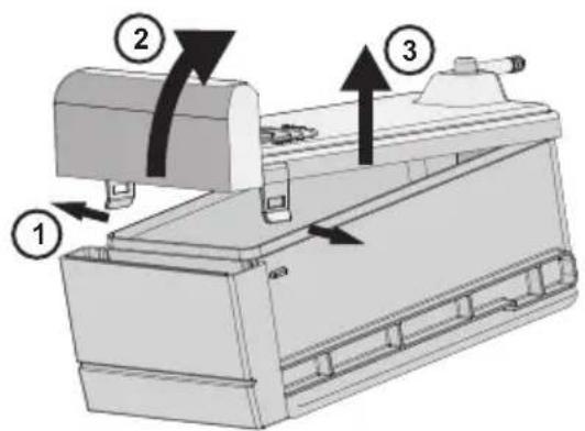 Technical diagram of a mechanical device with numbered components and directional arrows indicating motion or flow.