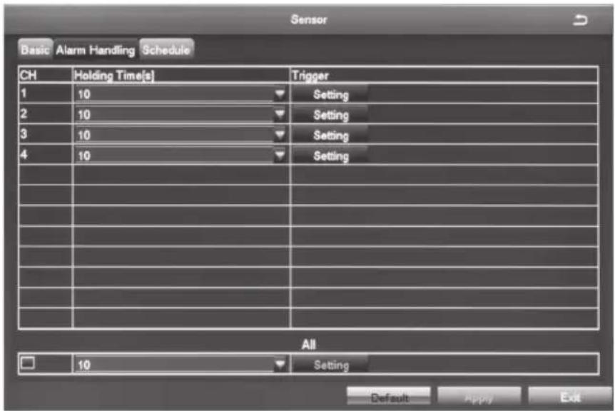 Sensor Basic Alarm Handling Schedule CH Holding Time[s] Trigger 1 10 Setting 2 10 Setting 3 10 Setting 4 10 Setting All 10 Setting Default Apply Exit