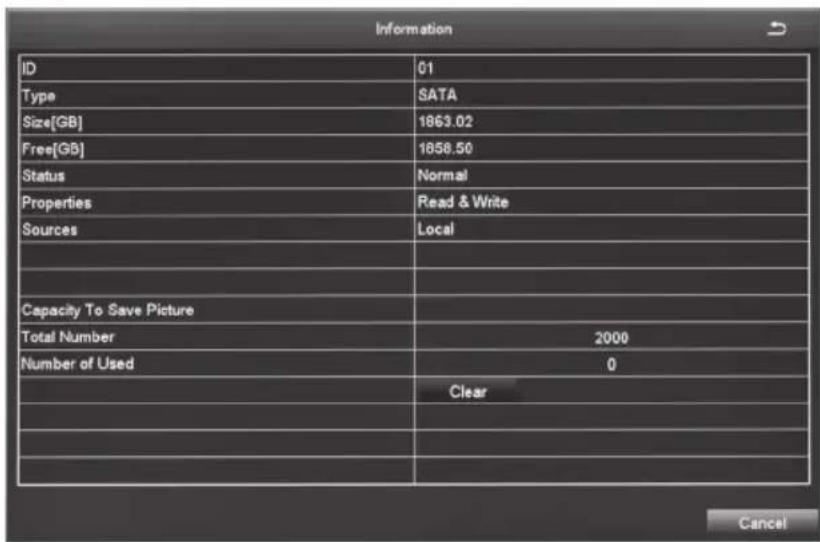 Information ID 01 Type SATA Size[GB] 1863.02 Free[GB] 1858.50 Status Normal Properties Read & Write Sources Local Capacity To Save Picture Total Number 2000 Number of Used 0 Clear Cancel