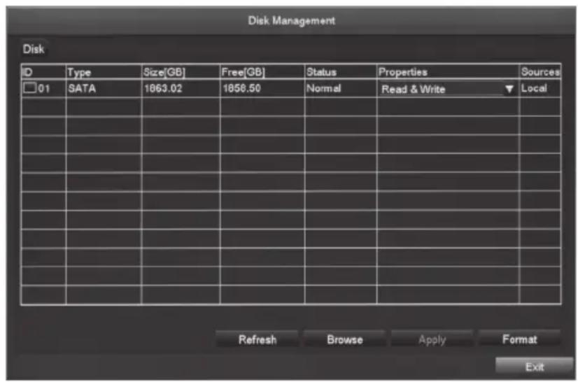 Disk Management Disk ID Type Size[GB] Free[GB] Status Properties Sources 01 SATA 1863.02 1858.50 Normal Read & Write Local Refresh Browse Apply Format Exit