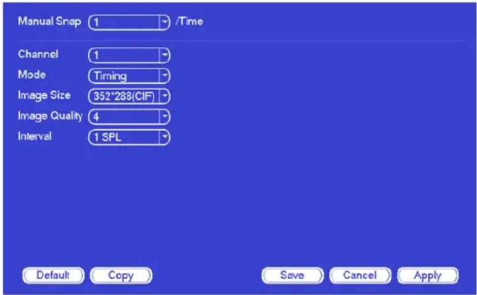 Manual Snap 1 /Time Channel 1 Mode Timing Image Size 352*288(CIF) Image Quality 4 Interval 1 SPL Default Copy Save Cancel Apply