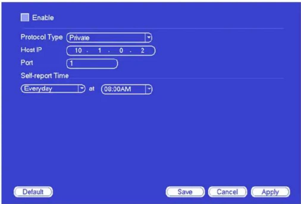 Enable Protocol Type Private Host IP 10 . 1 . 0 . 2 Port 1 Self-report Time Everyday at 08:00AM Default Save Cancel Apply