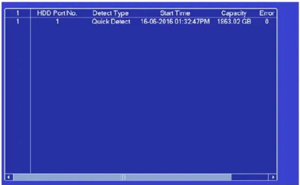 1 HDD Port No. Detect Type Start Time Capacity Error 1 1 Quick Detect 16-06-2016 01:32:47PM 1863.02 GB 0