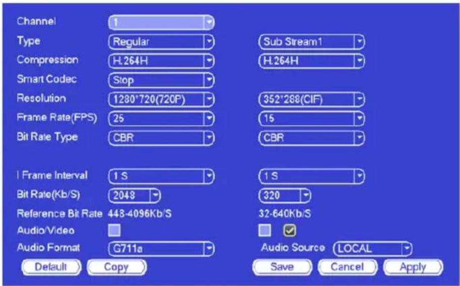 Channel 1 Type Regular Compression H.264H Smart Codec Stop Resolution 1280*720(720P) Frame Rate(FPS) 25 Bit Rate Type CBR Sub Stream1 H.264H 352*288(CIF) 15 CBR 1 Frame Interval 1 S Bit Rate(Kb/S) 2048 1 S 320 Reference Bit Rate 448-4096Kb/S 32-640Kb/S Audio/Video Audio Format G711a Audio Source LOCAL Default Copy Save Cancel Apply