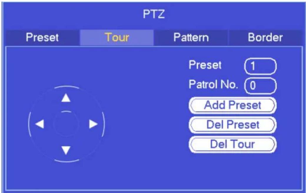 PTZ Preset Tour Pattern Border Preset 1 Patrol No. 0 Add Preset Del Preset Del Tour