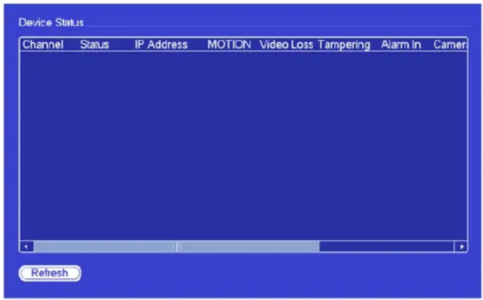 Device Status Channel Status IP Address MOTION Video Loss Tampering Alarm In Camer Refresh