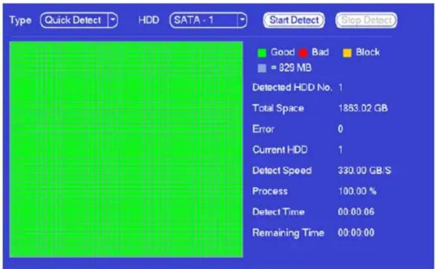 Type Quick Detect HDD SATA - 1 Start Detect Stop Detect Good Bad Block = 829 MB Detected HDD No. 1 Total Space 1863.02 GB Error 0 Current HDD 1 Detect Speed 330.00 GB/S Process 100.00 % Detect Time 00:00:06 Remaining Time 00:00:00