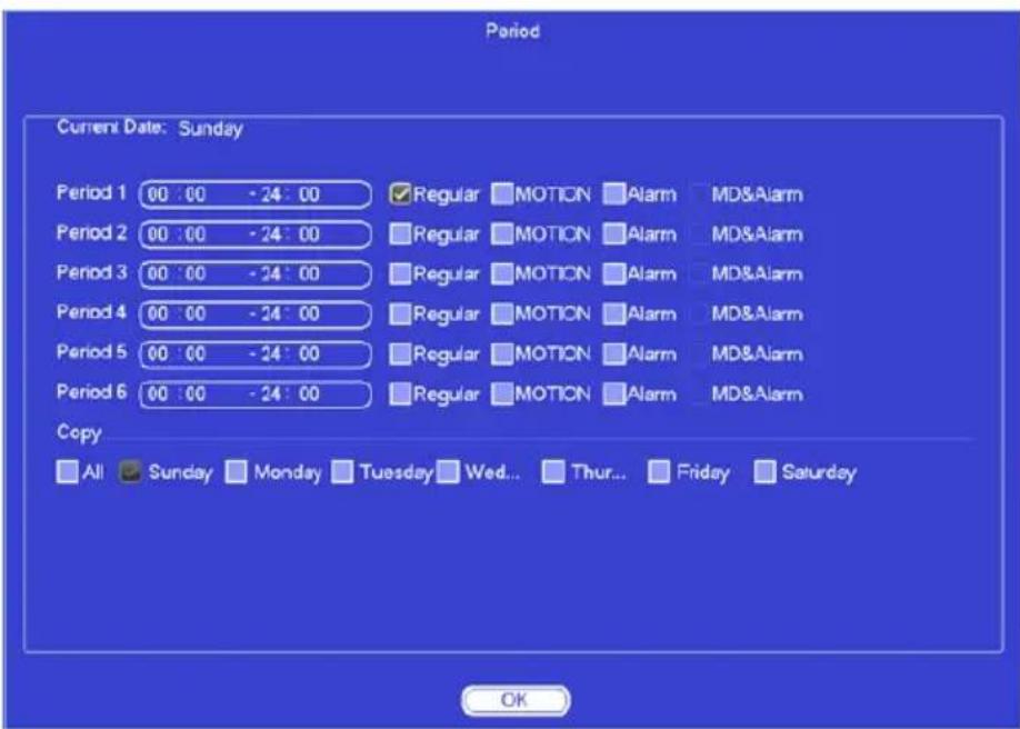 Period Current Date: Sunday Period 1 00 : 00 - 24 : 00 Regular MOTION Alarm MD&Alarm Period 2 00 : 00 - 24 : 00 Regular MOTION Alarm MD&Alarm Period 3 00 : 00 - 24 : 00 Regular MOTION Alarm MD&Alarm Period 4 00 : 00 - 24 : 00 Regular MOTION Alarm MD&Alarm Period 5 00 : 00 - 24 : 00 Regular MOTION Alarm MD&Alarm Period 6 00 : 00 - 24 : 00 Regular MOTION Alarm MD&Alarm Copy All Sunday Monday Tuesday Wed... Thur... Friday Saturday OK