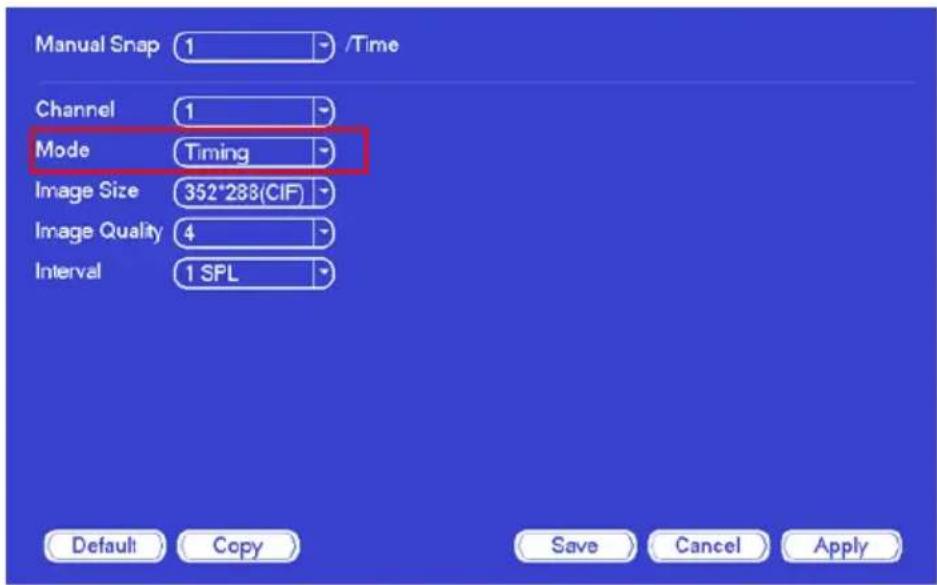 Manual Snap 1 /Time Channel 1 Mode Timing Image Size 352*283(CIF) Image Quality 4 Interval 1 SPL Default Copy Save Cancel Apply